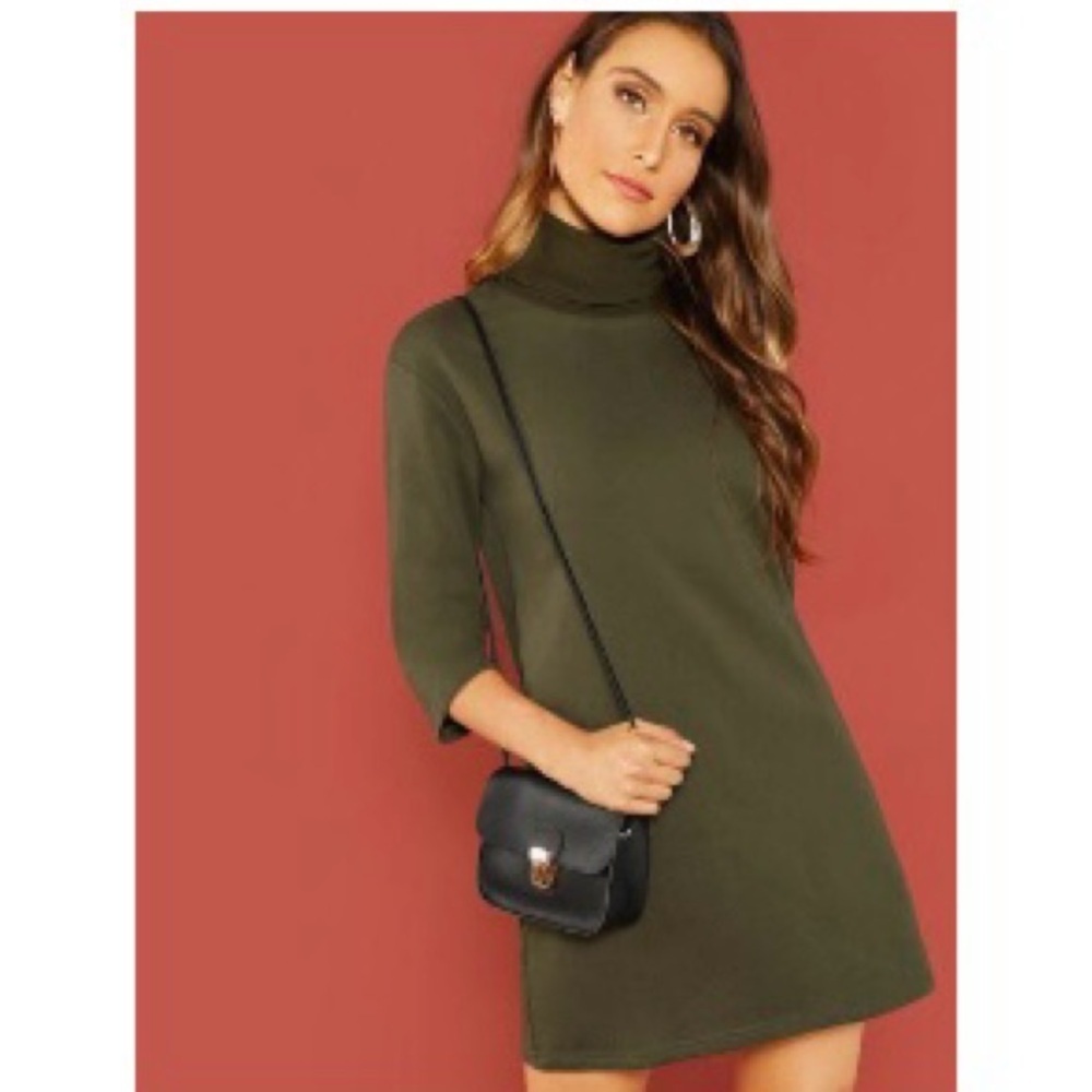 SHEIN green Turtleneck 3/4 Sleeve Tee Mini  Dress